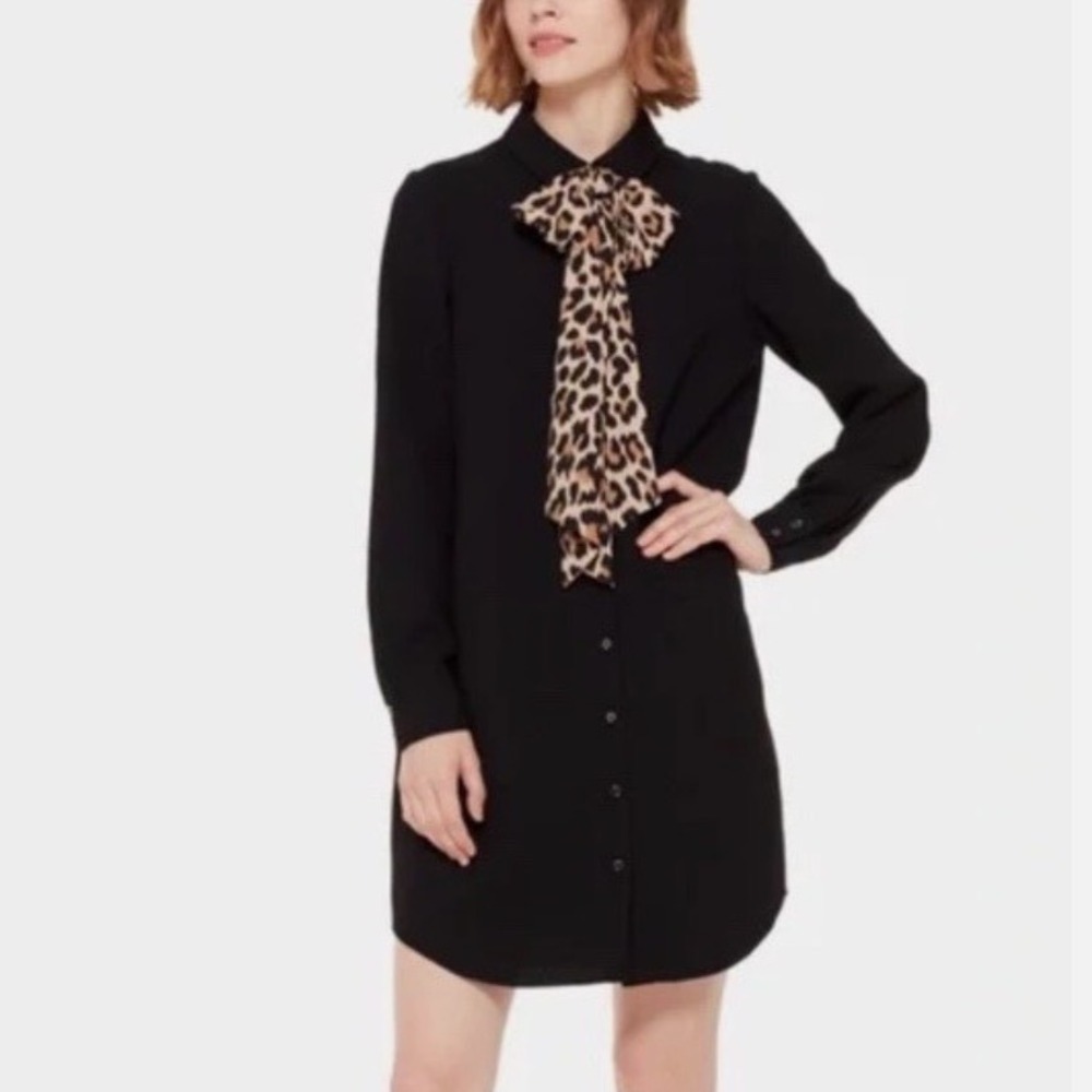 Kate Spade Griffin Leopard Silk Bow Shirt Dress Black Long Sleeve Womens Size 0